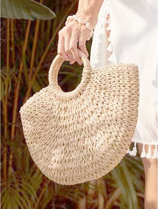 Semi Circular Straw Bag with Drawstring Inner Closure